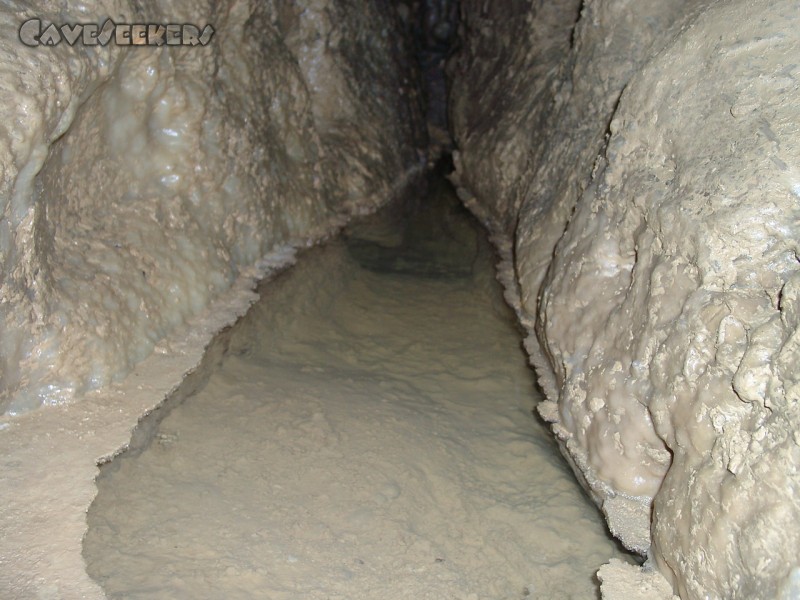 Bauernhöhle: Kleines Sinterbecken am Ende der rechten Höhlenseite.