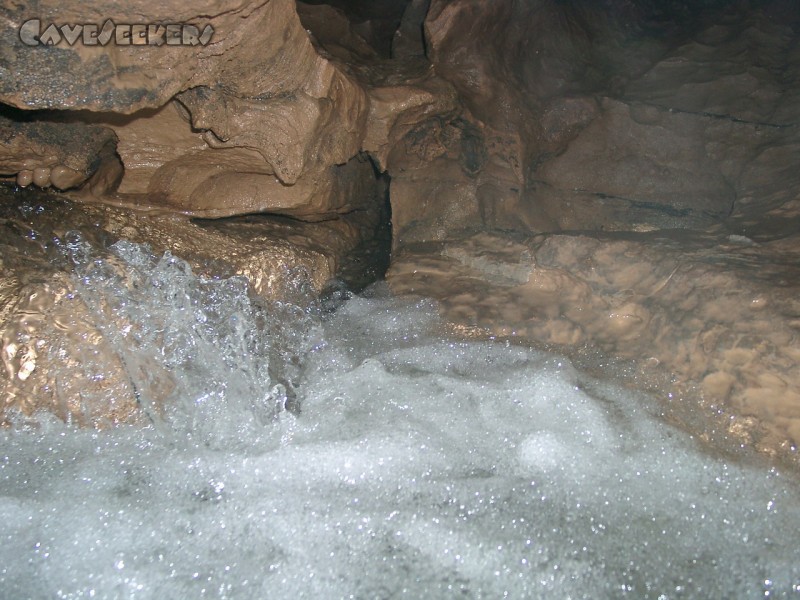 Falkensteiner Höhle: Alle paar Meter findet sich - unter donnerndem Getöse - ein keiner Wasserfall.
