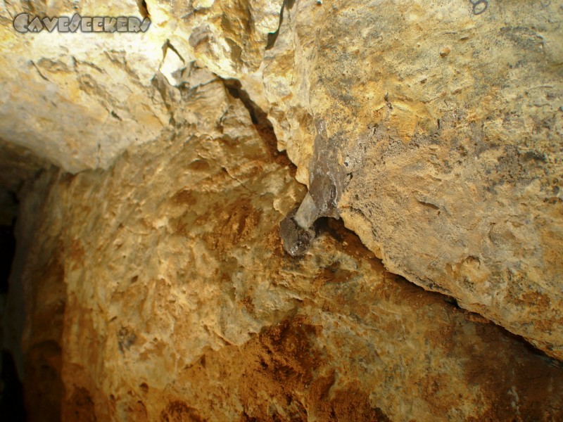 Klapfenberger Höhle: Angemauerte Glasscherbchen, um festzustellen, ob sich was bewegt.