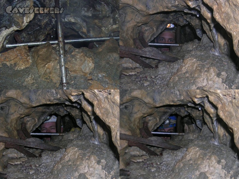 Brunnsteinhöhle: Oben links: Verschlusseinrichtung von Innen. Oben rechts: Kreil. Unten links: Nehls. Unten rechts: Wipplinger.