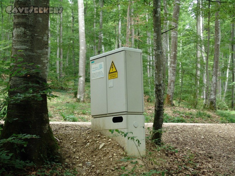 Donauhöhle: Sollte für Grabungsstätten eigentlich selbstverständlich sein: Der örtliche Elektritzitätsversorger sorgt für Strom - egal wie tief im Wald.