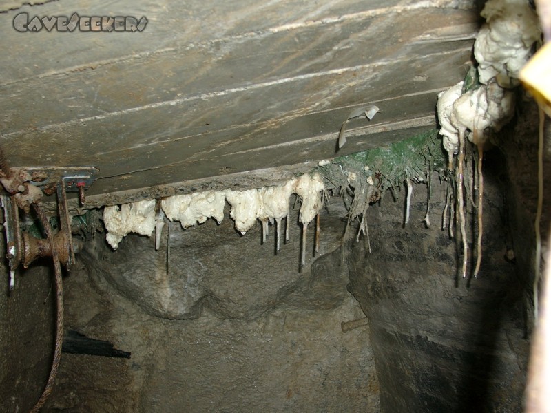 Donauhöhle: Betondecke mit Bauschaumversinterungen.