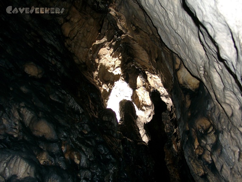 Dürrloch: Tropfstein im Hauptspalt.