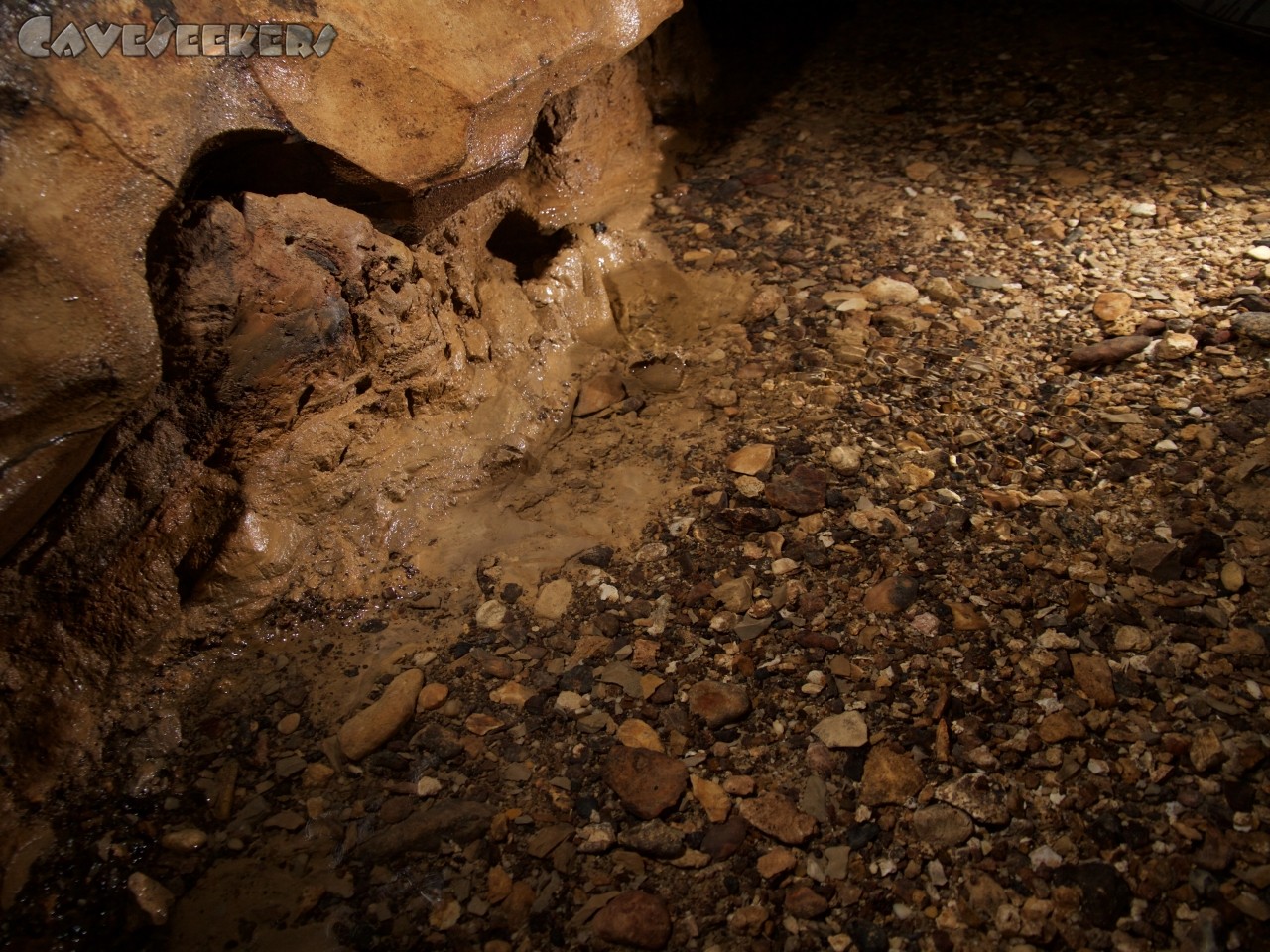 Flüchtlingshöhle: Eingangsbereich, Boden: In Franken ist transparentes Wasser eher selten. Drum dieses Foto.
