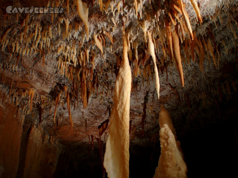 Jama Puffoczkikrass: Schwer zu erkennen: Stalagmat - unten normal, mittig Sinterfahne, oben normaler Stalagtit. Eher ungewöhnlich.