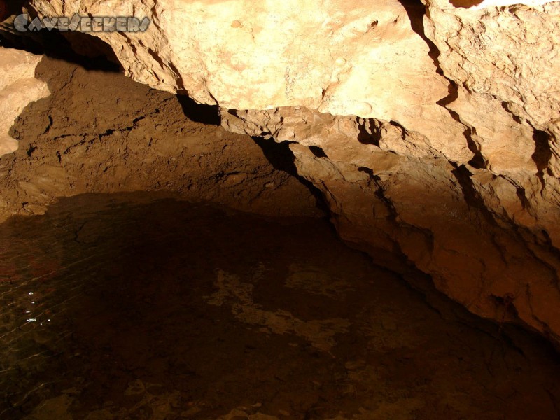 Kollerberghöhle: Der Tümpel. Profilneurose des Herrn Maccioni durch digitale Bildbearbeitung entfernt.