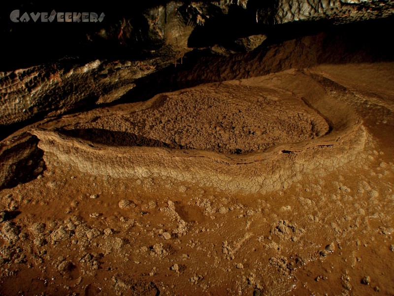 Logarcek Jama: Ein trockengefallenes, aber dennoch gut erhaltenes Sinterbecken am Wegesrand.