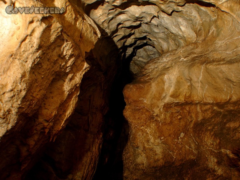 Meanderhöhle V.: Meanderhöhlenprofil - es meandert. Nur selten kann der Blick weiter als 5 Meter schweifen.