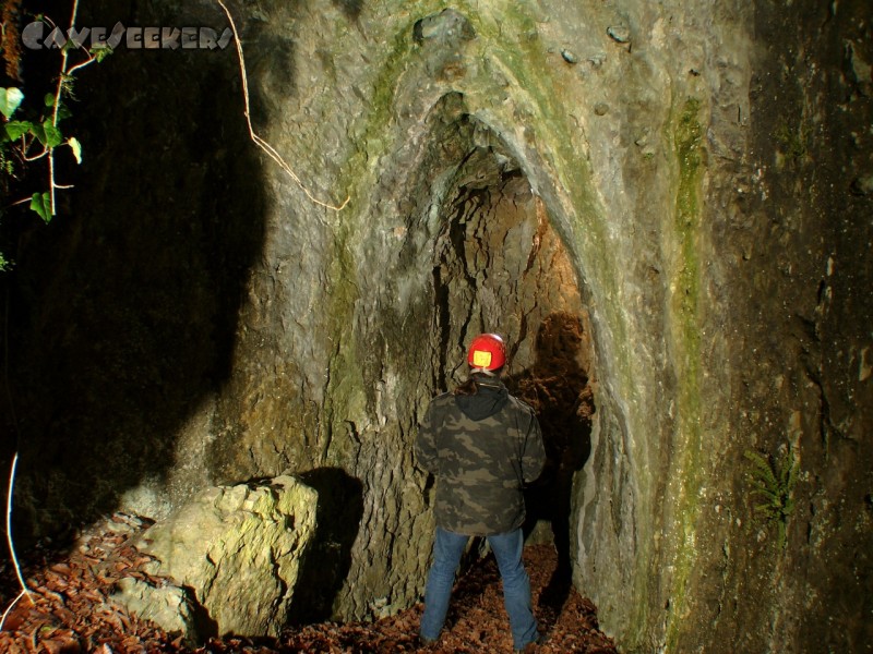 Mördersloch: Höhleneingang von aussen. Mit Mensch.