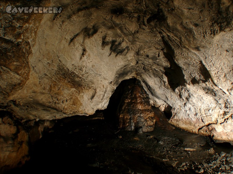 Wassergrotte: Der Eckentropfstein. Ca. einen Meter hoch und fett im Umfang.