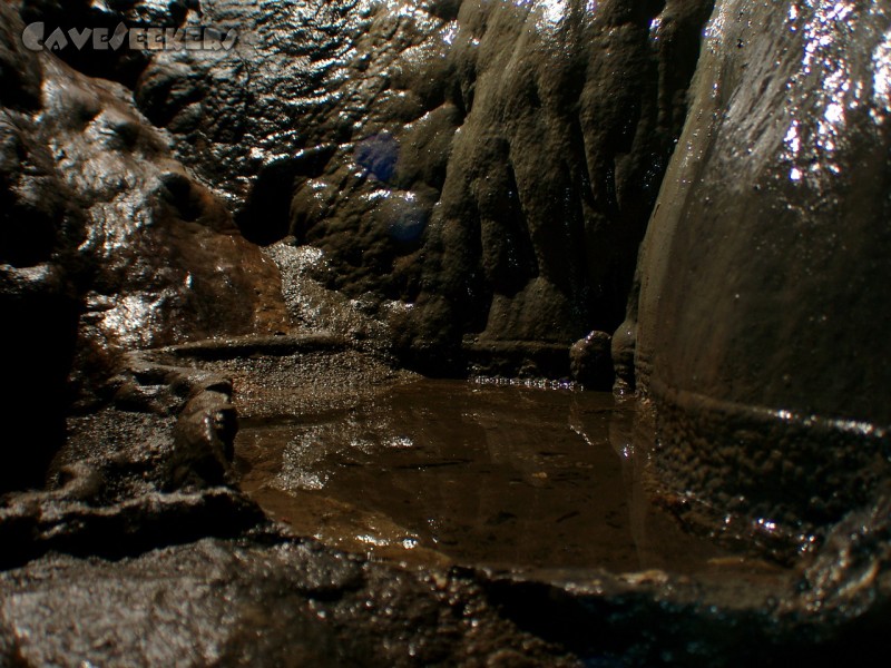 Wassergrotte: Fast intaktes Sinterbecken. Schön fotografiert - aber das kennt man ja.