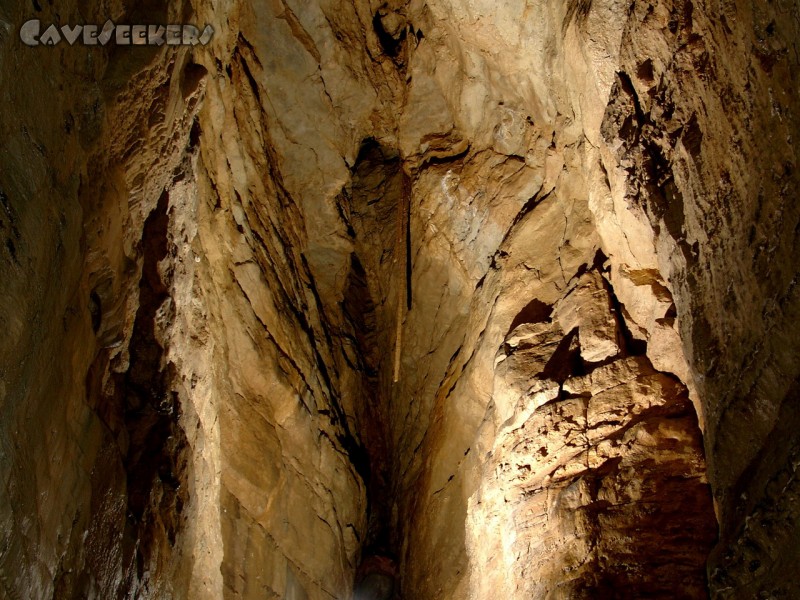 X-Akten Höhle: Nochmal, ein bischen besser zu erkennen. Zum Vergleich kriecht gerade ein CaveSeeker in der Bildmitten unten zurück zum Ausgang.